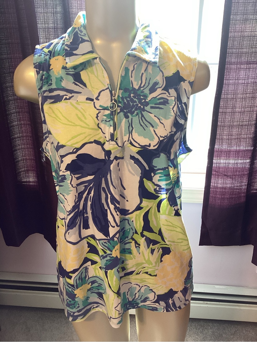 Rafaella Sleeveless Floral Zip Tank in Navy, Lime & Aqua